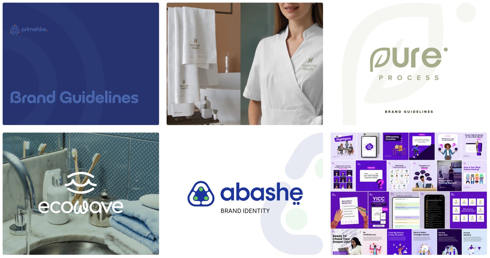 Brand guideline boards for Primehire, Pure Process, and other identity work
