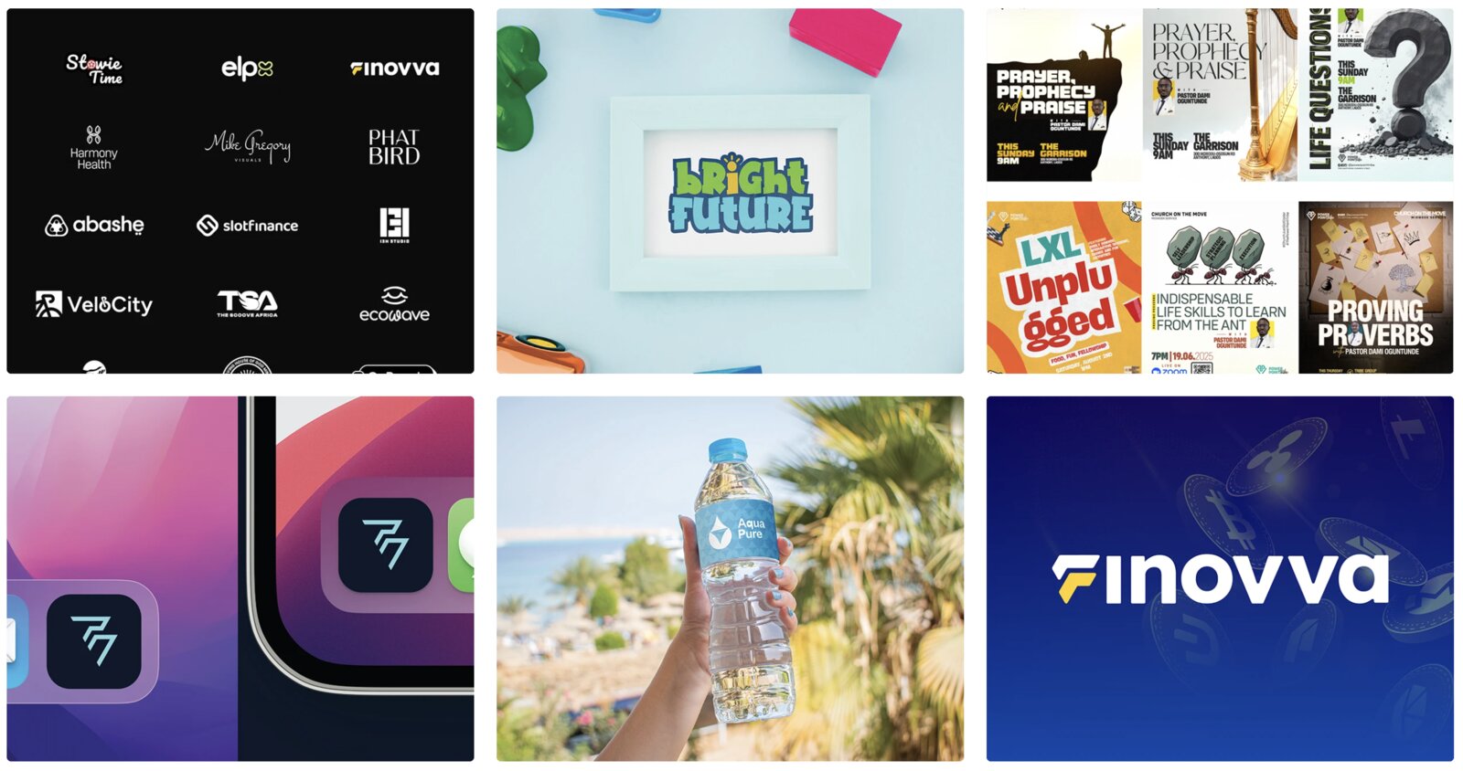 Client logo lockups and product mockups including Finovva and Elpx
