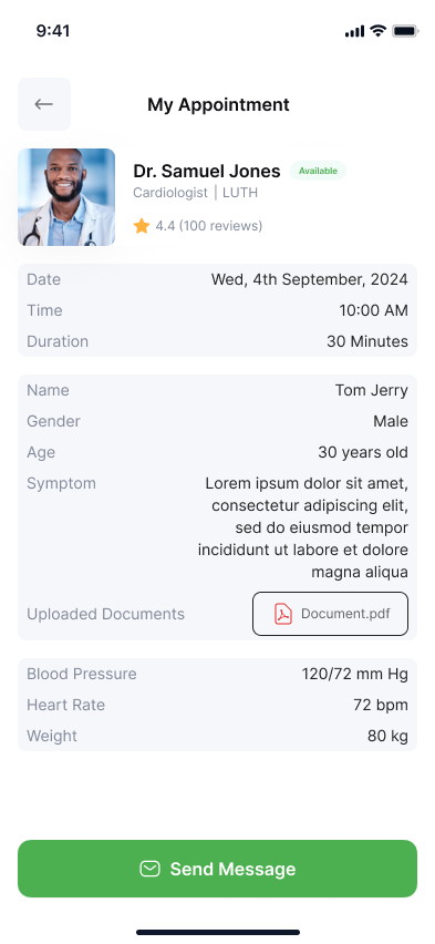 Cardio appointment details screen on mobile