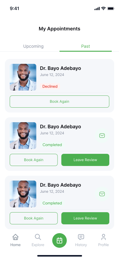 Cardio past appointments list on mobile