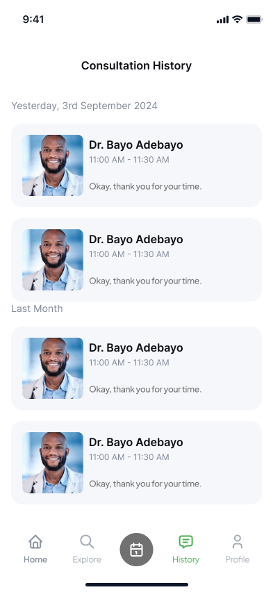 Cardio consultation history screen on mobile