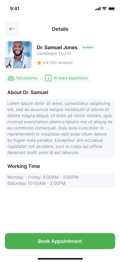 Cardio specialist details screen on mobile