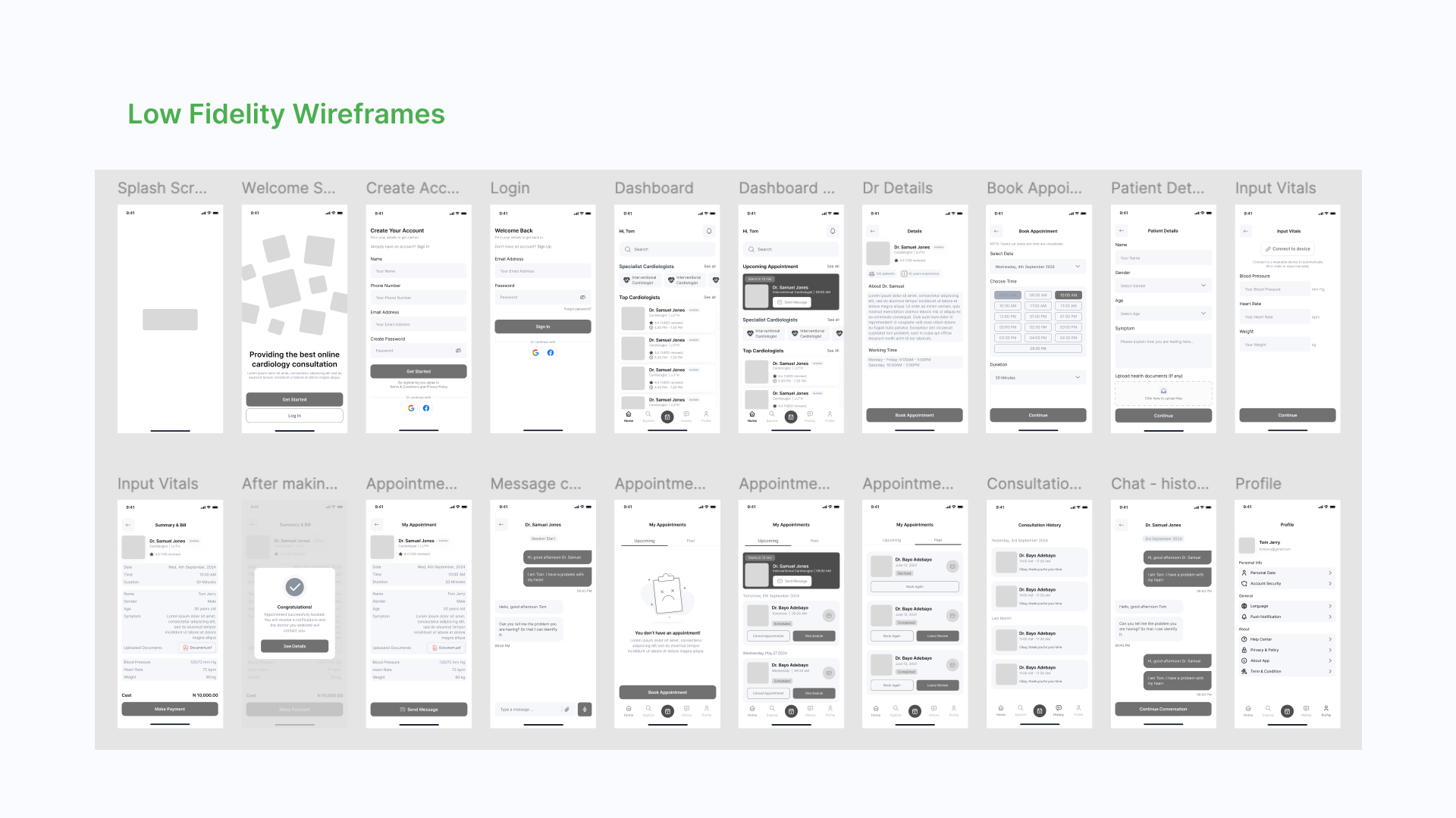 Cardio low-fidelity wireframe set, 14 screens