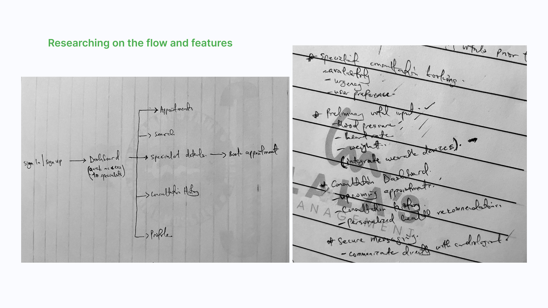 Cardio hand-sketched flow diagram and feature notes