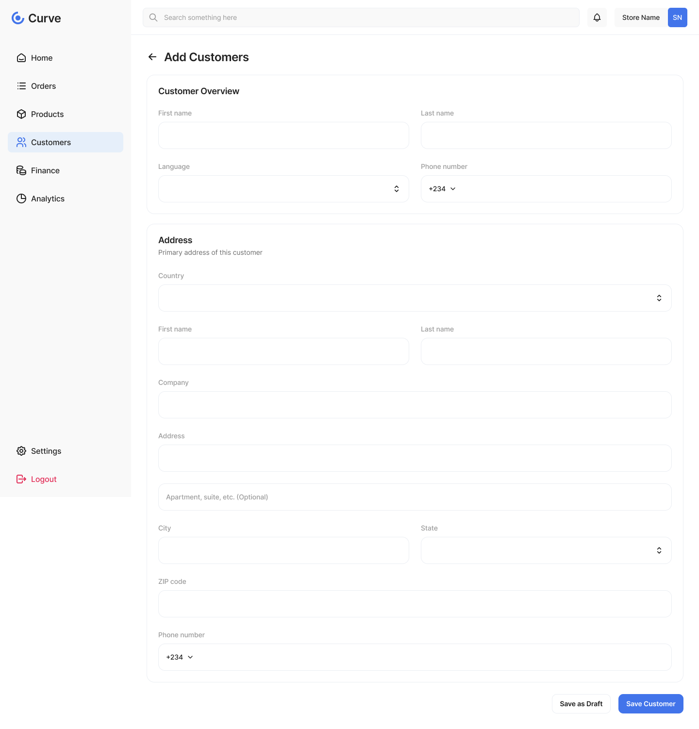 Curve add customer form