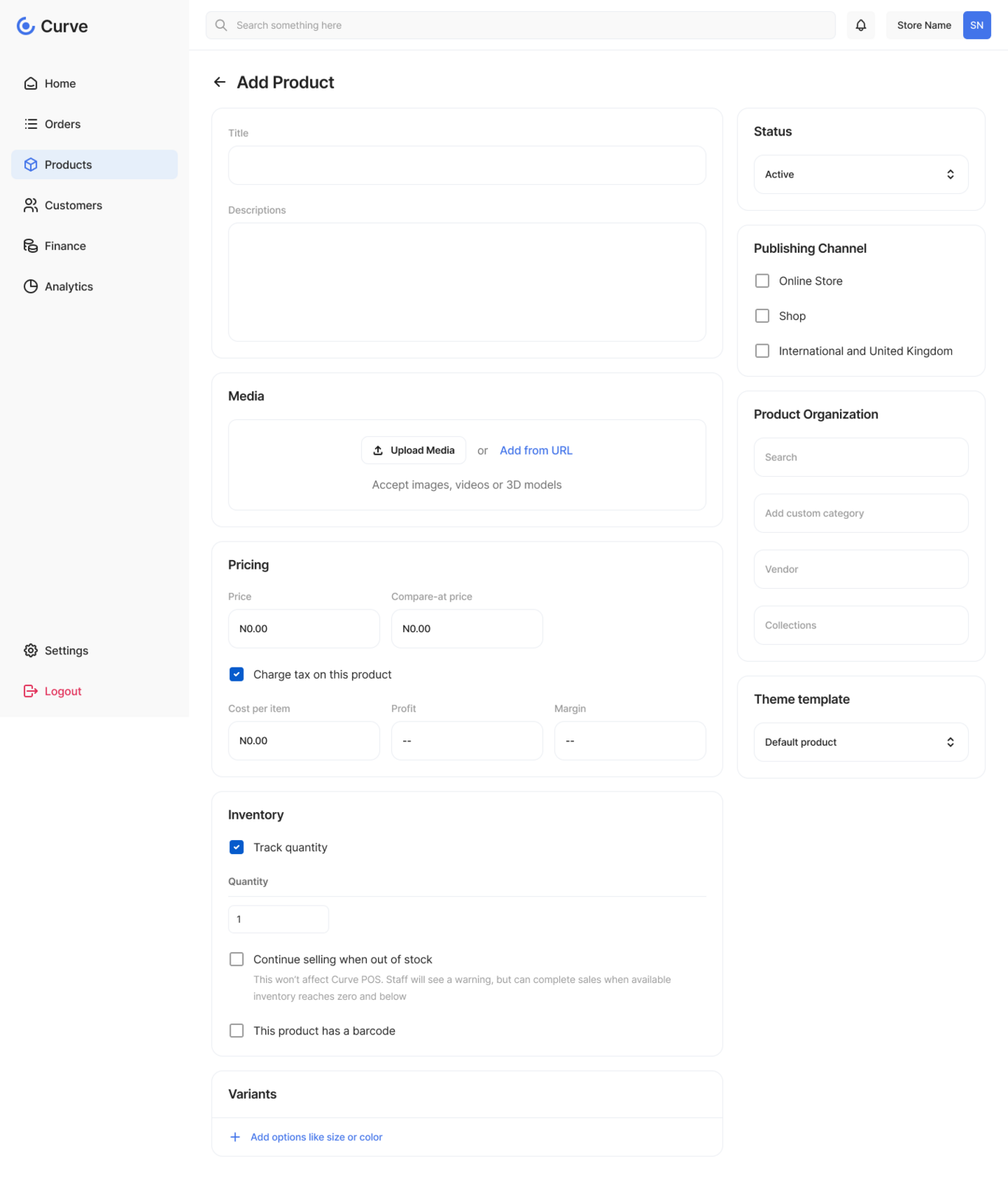 Curve add product form