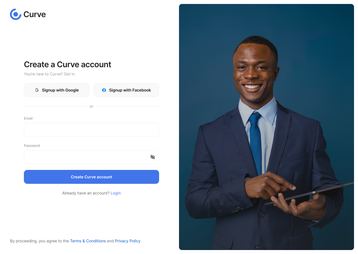 Curve create account screen