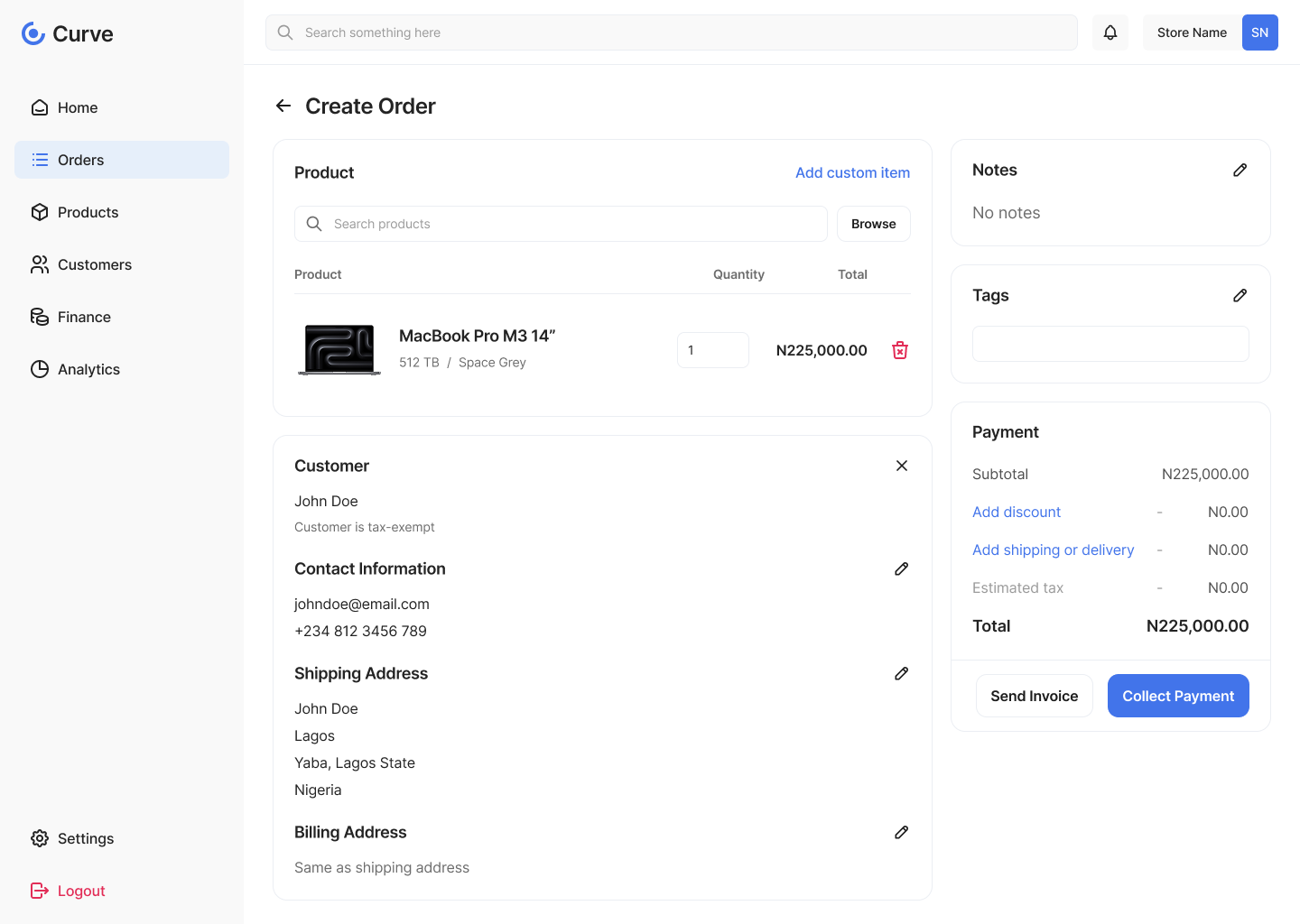 Curve create order with customer added