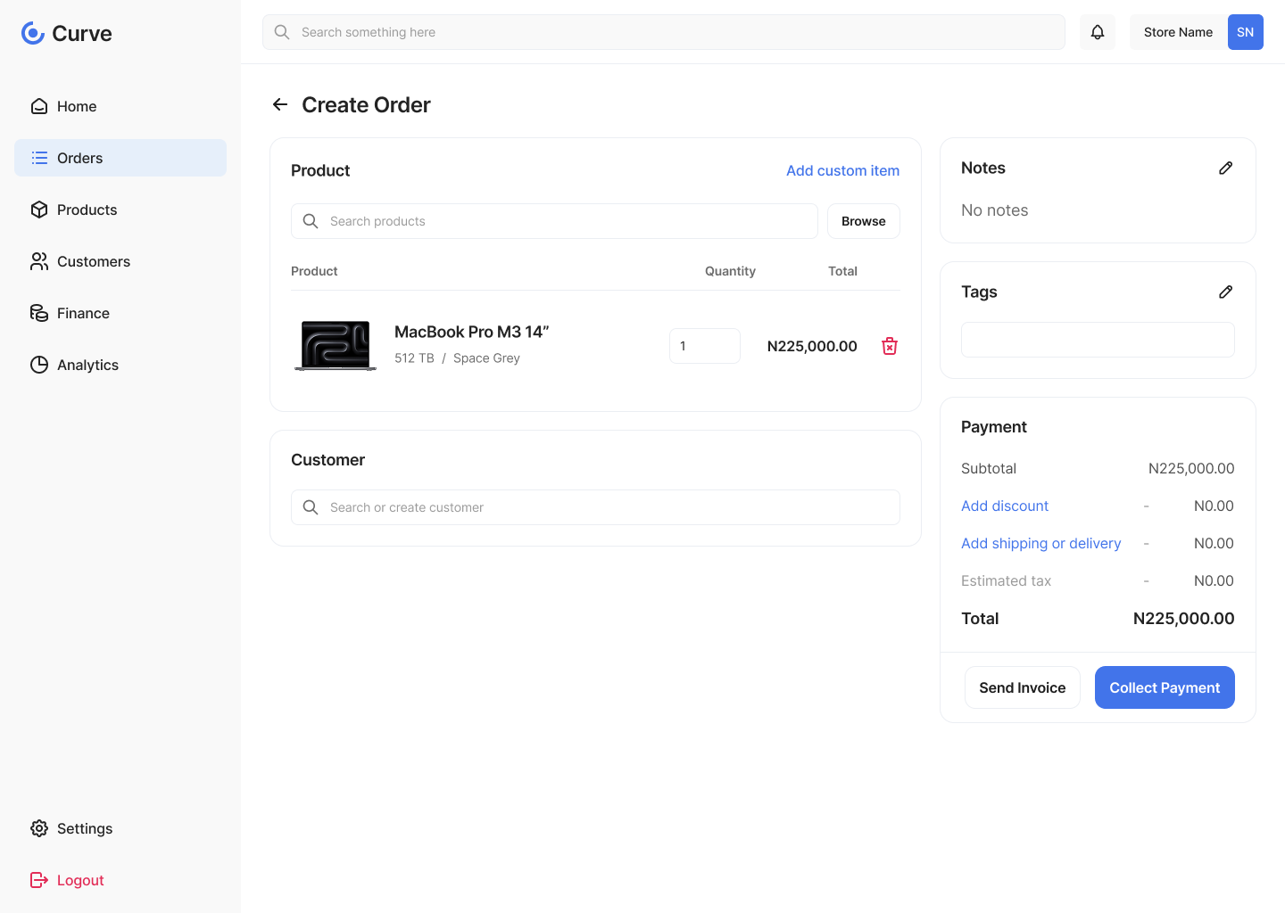 Curve create order with product selected