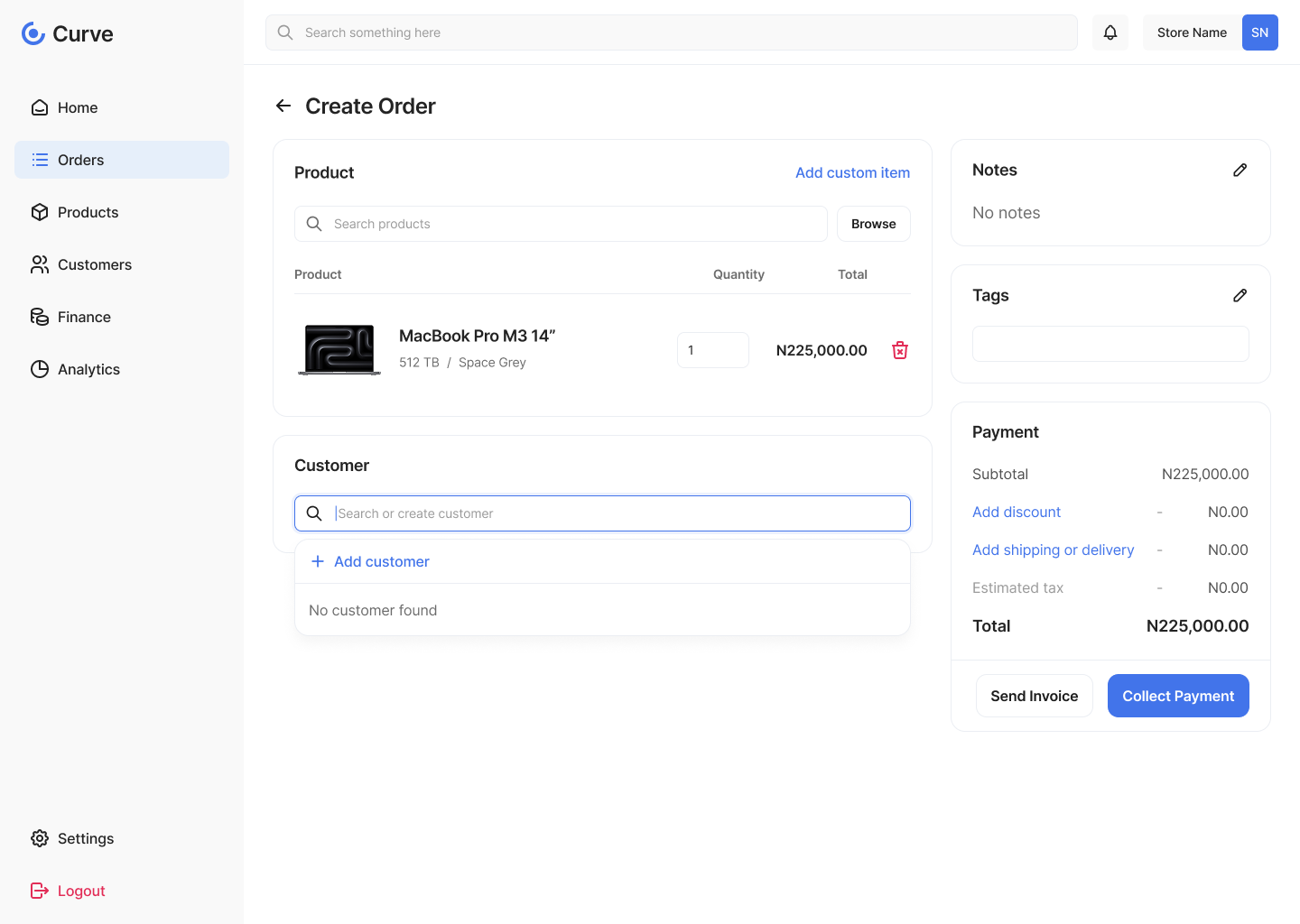 Curve create order, selecting a customer
