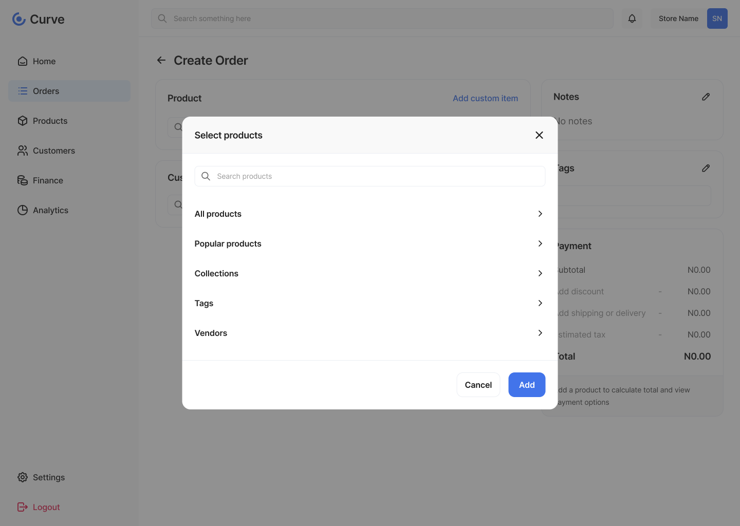 Curve create order, selecting a product