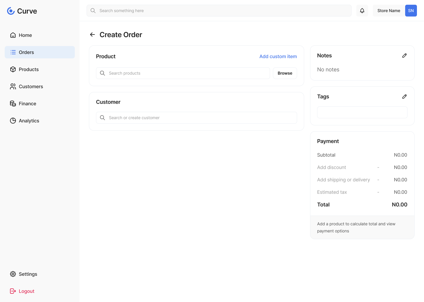 Curve create order screen