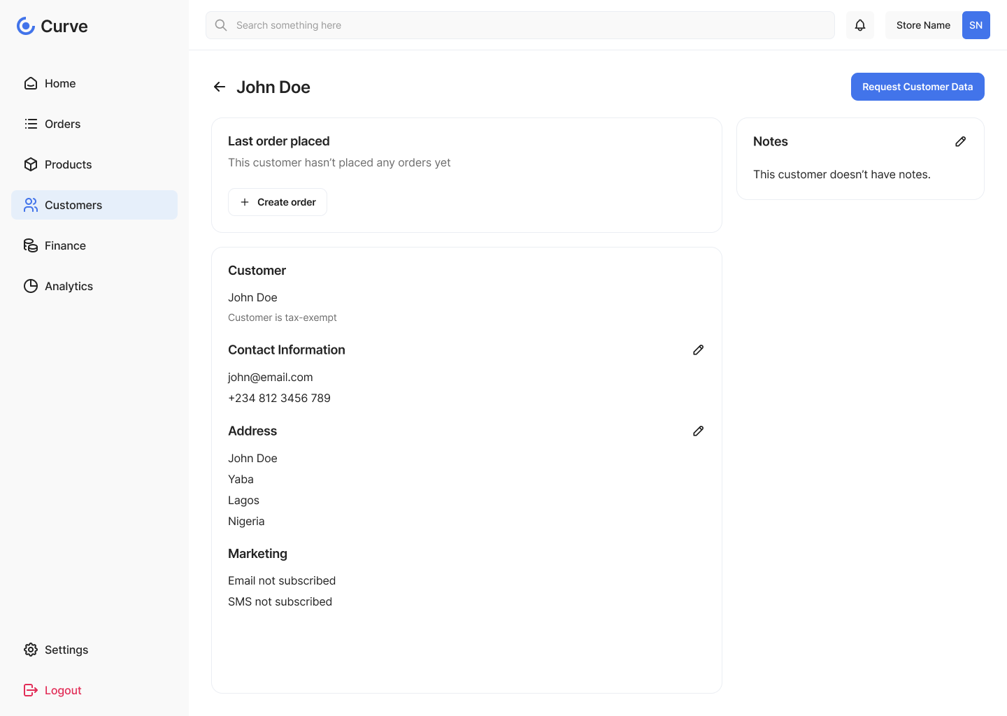 Curve customer details screen