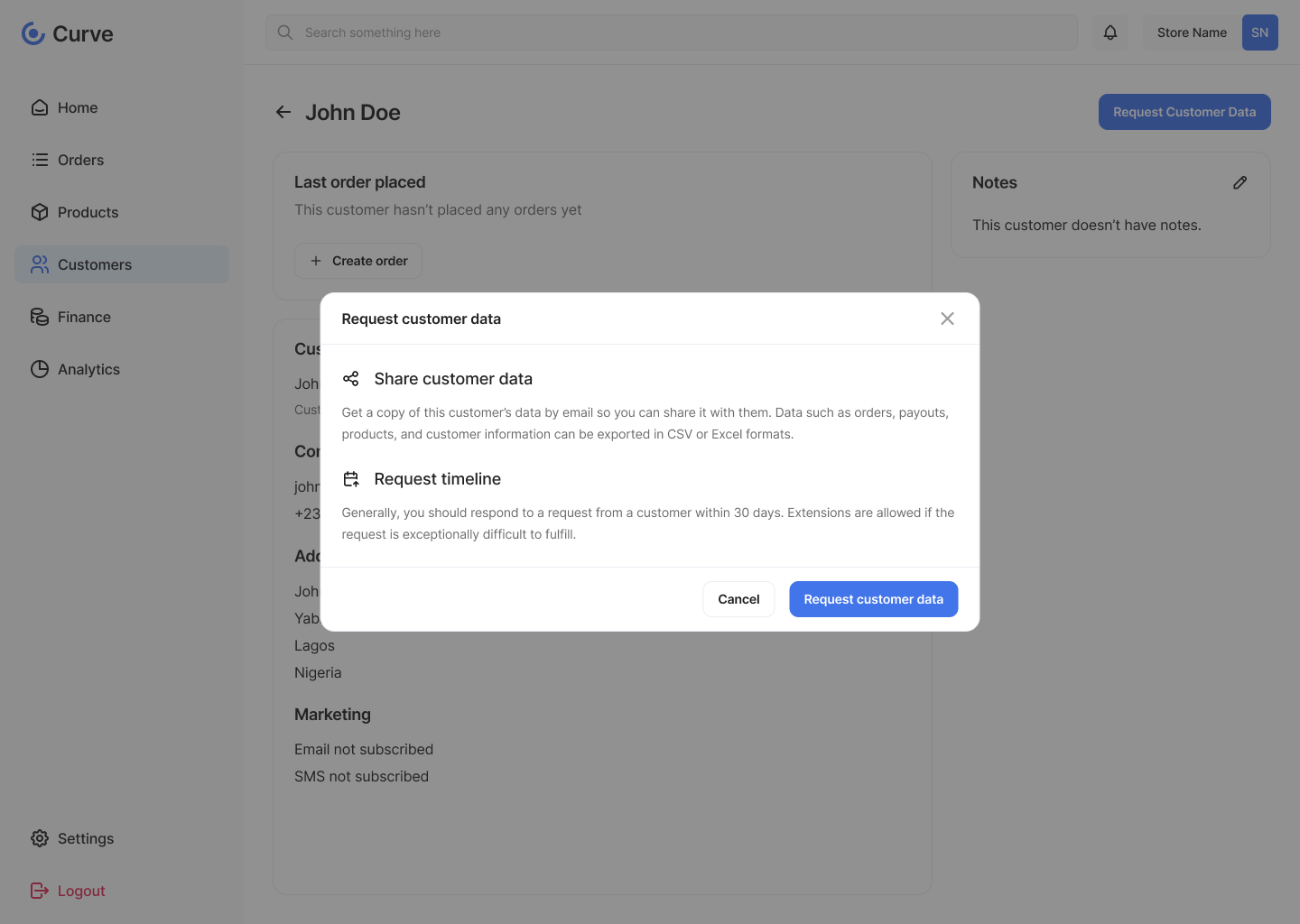 Curve request customer data screen