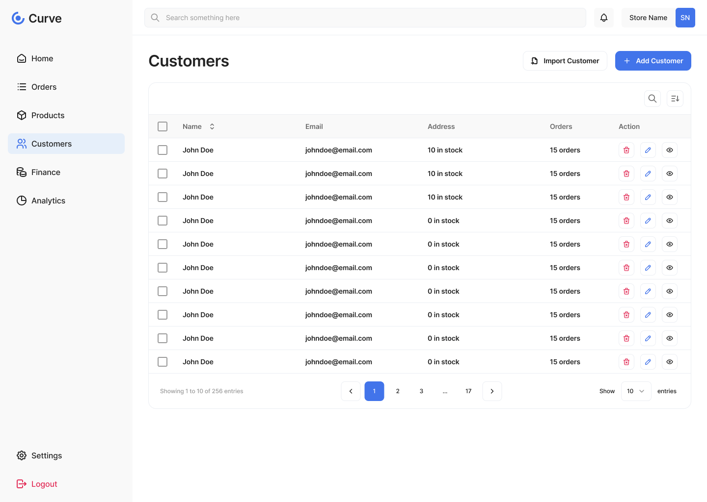Curve customers list view