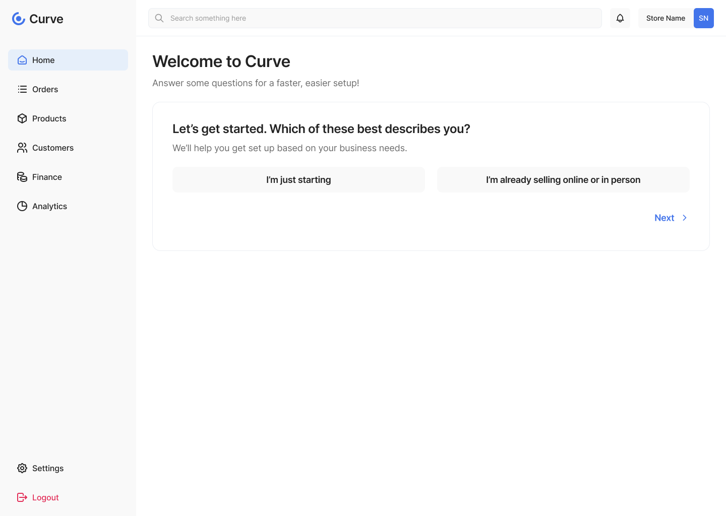 Curve dashboard store setup screen