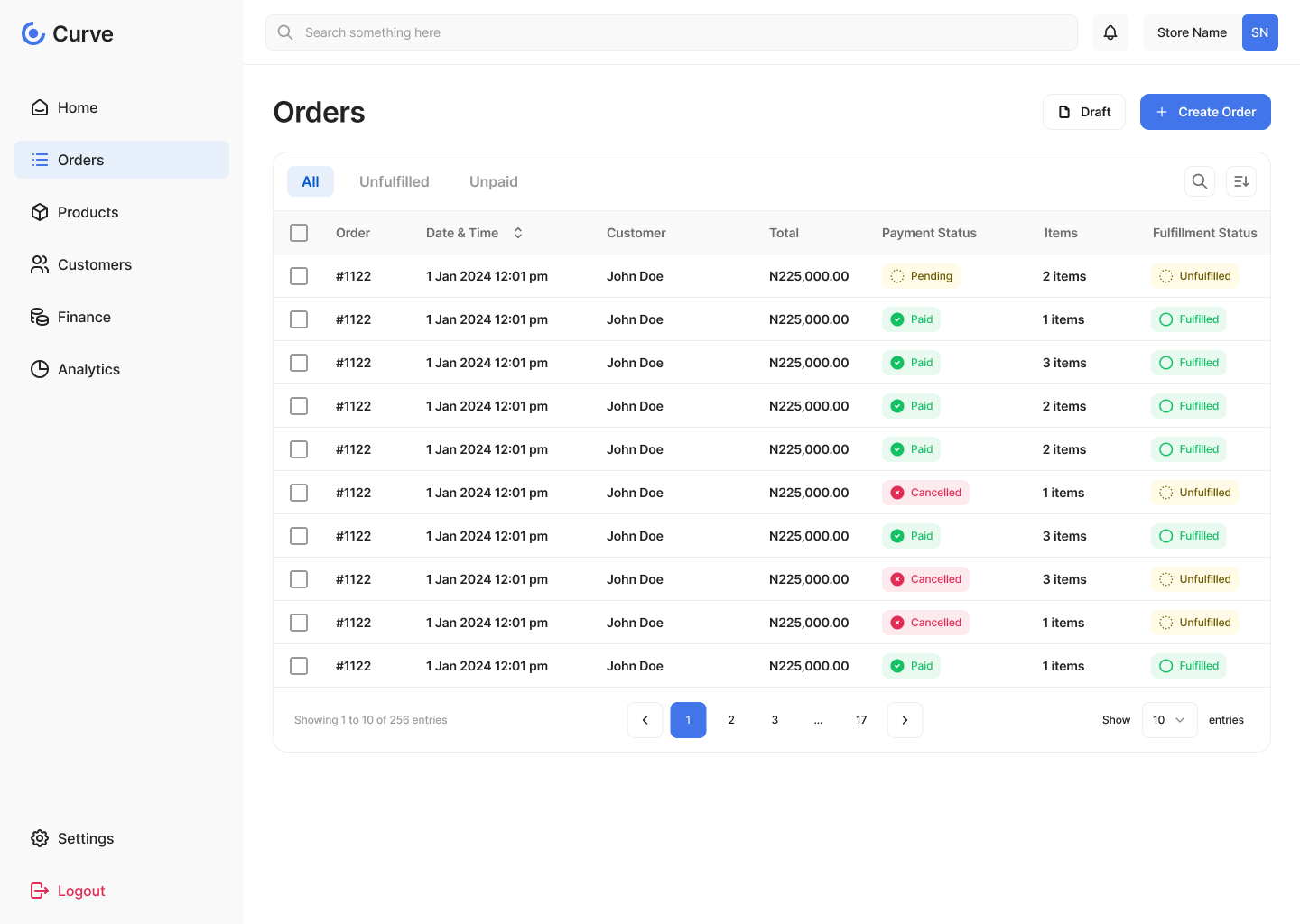 Curve orders list view with payment and fulfillment status