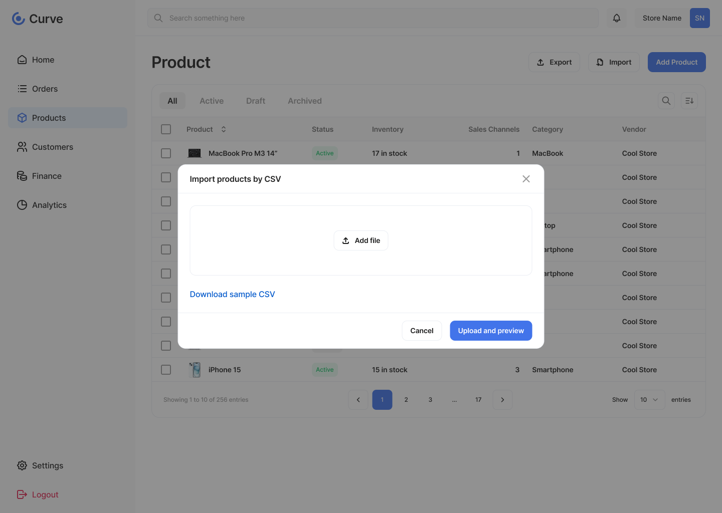 Curve products import screen