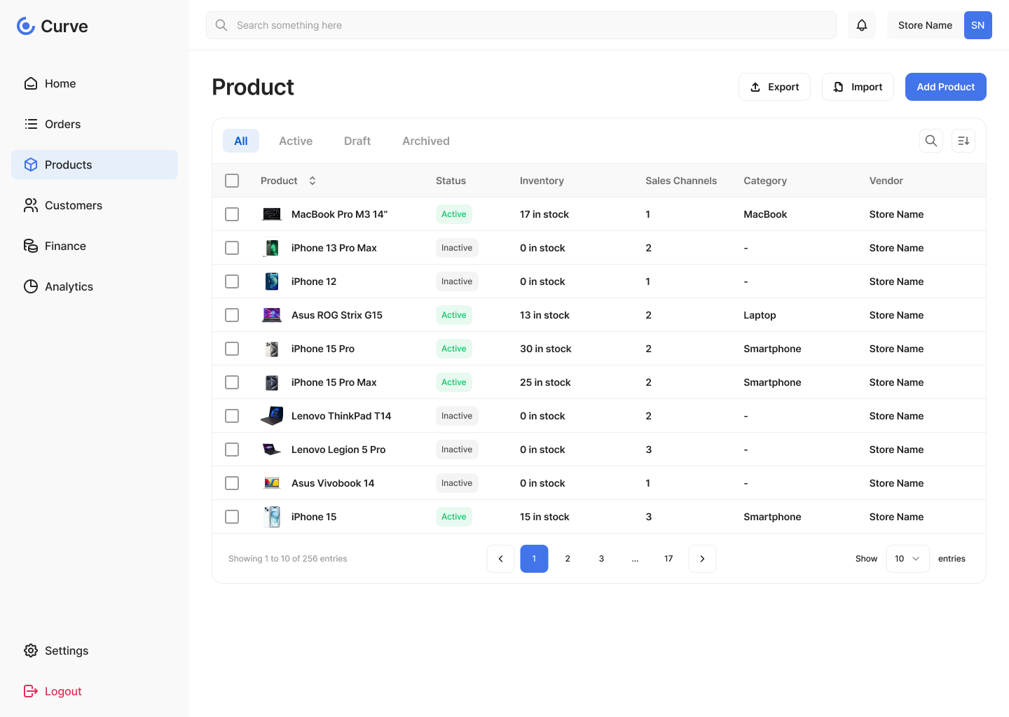 Curve products list view with inventory and sales channels