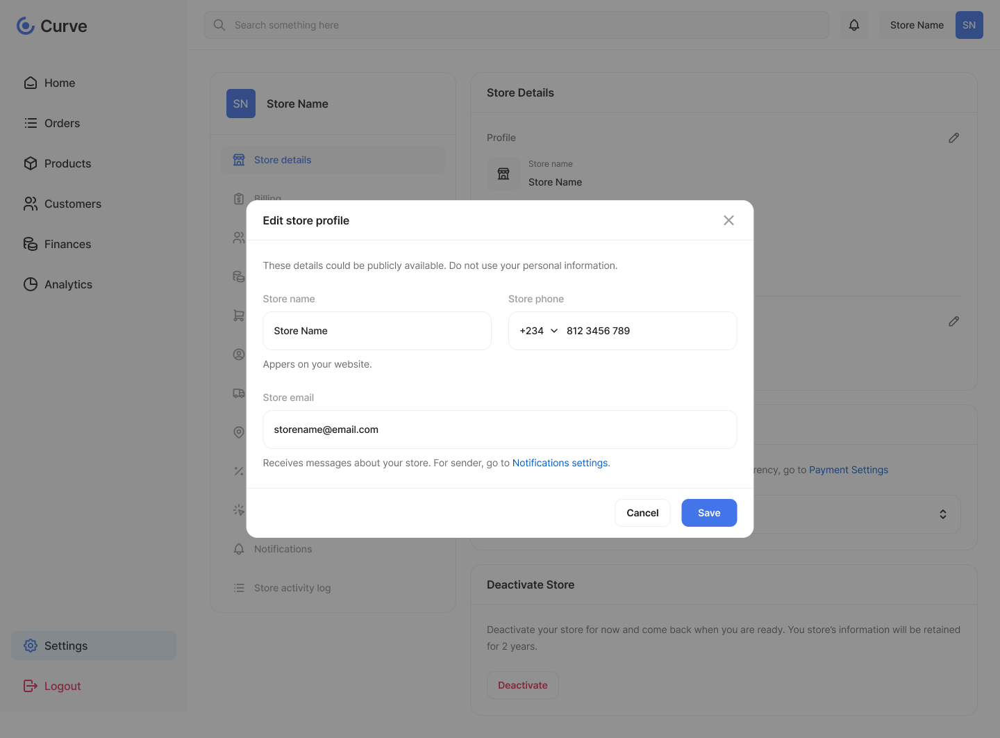 Curve edit profile settings screen