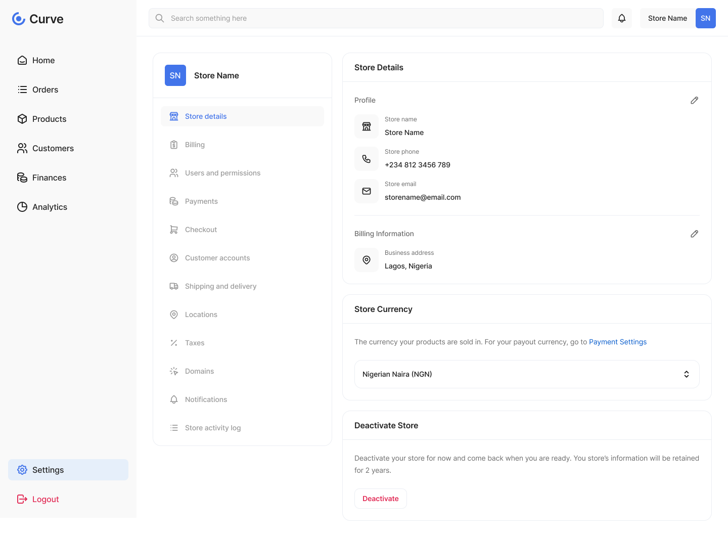 Curve store settings screen with billing and user permissions