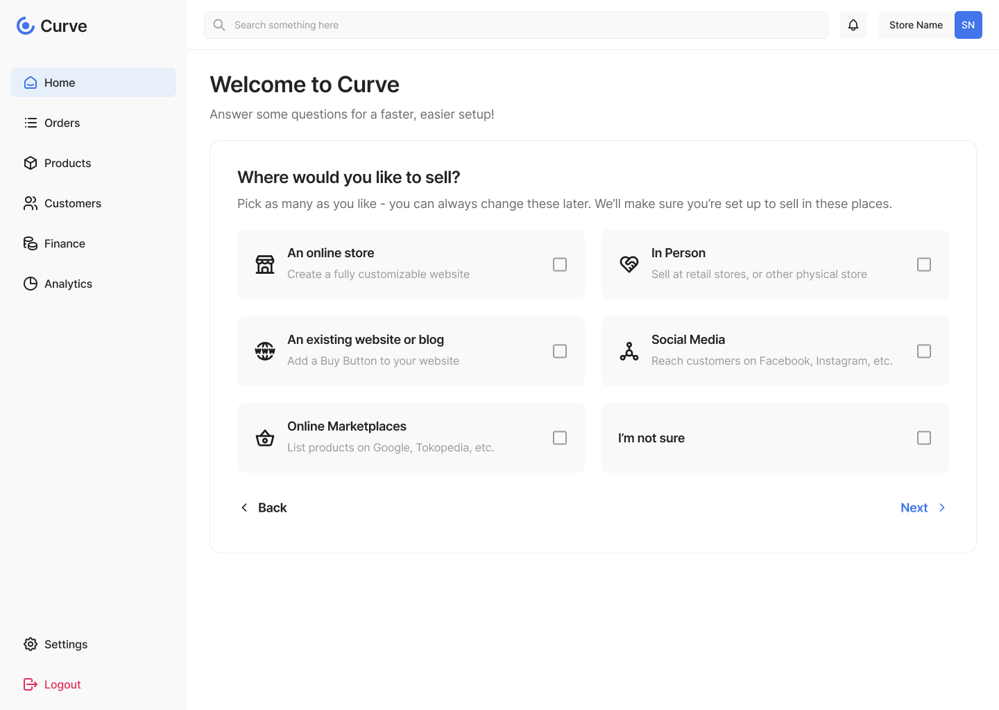 Curve shop setting screen within the setup flow