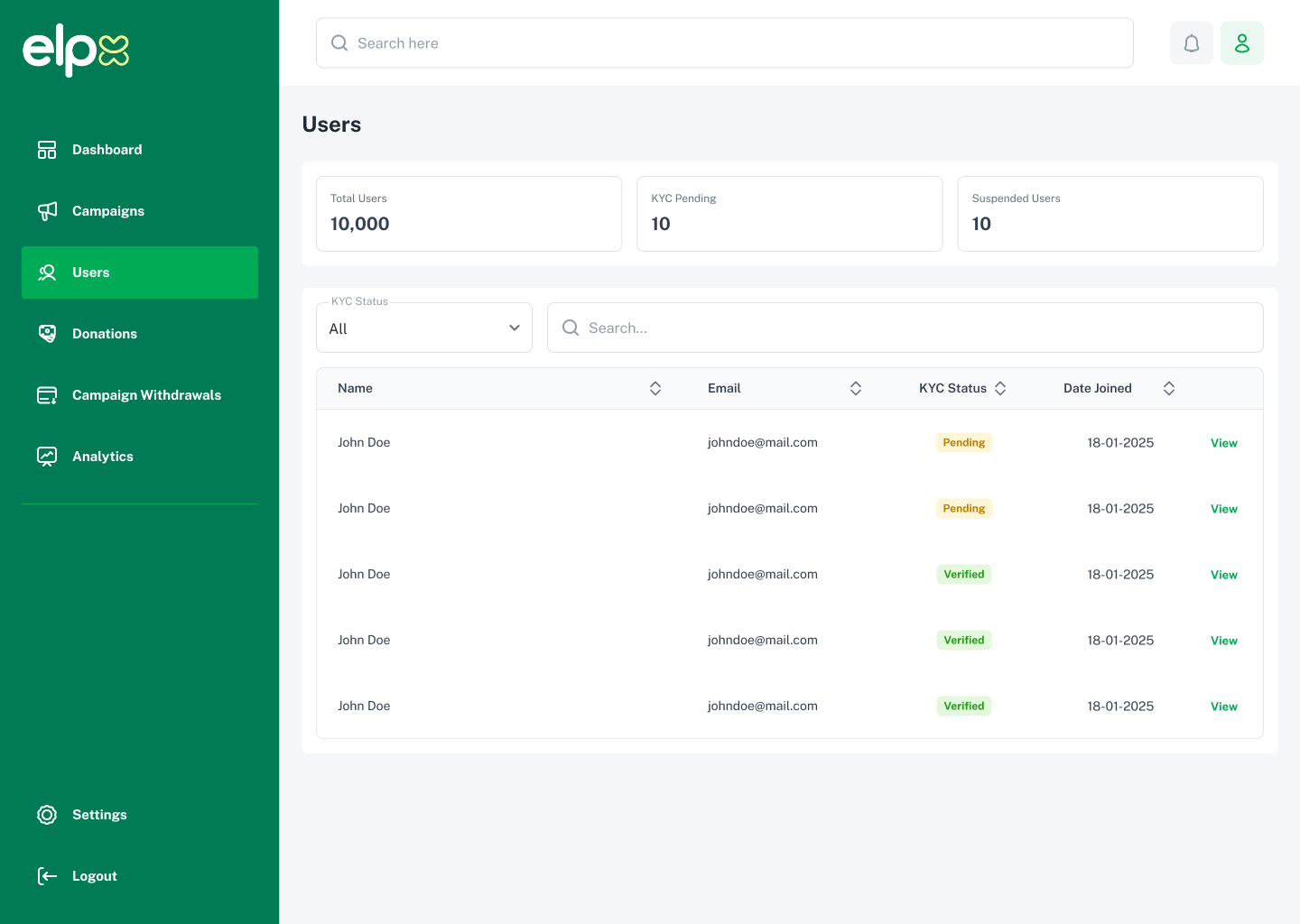 ELPX super admin users management screen