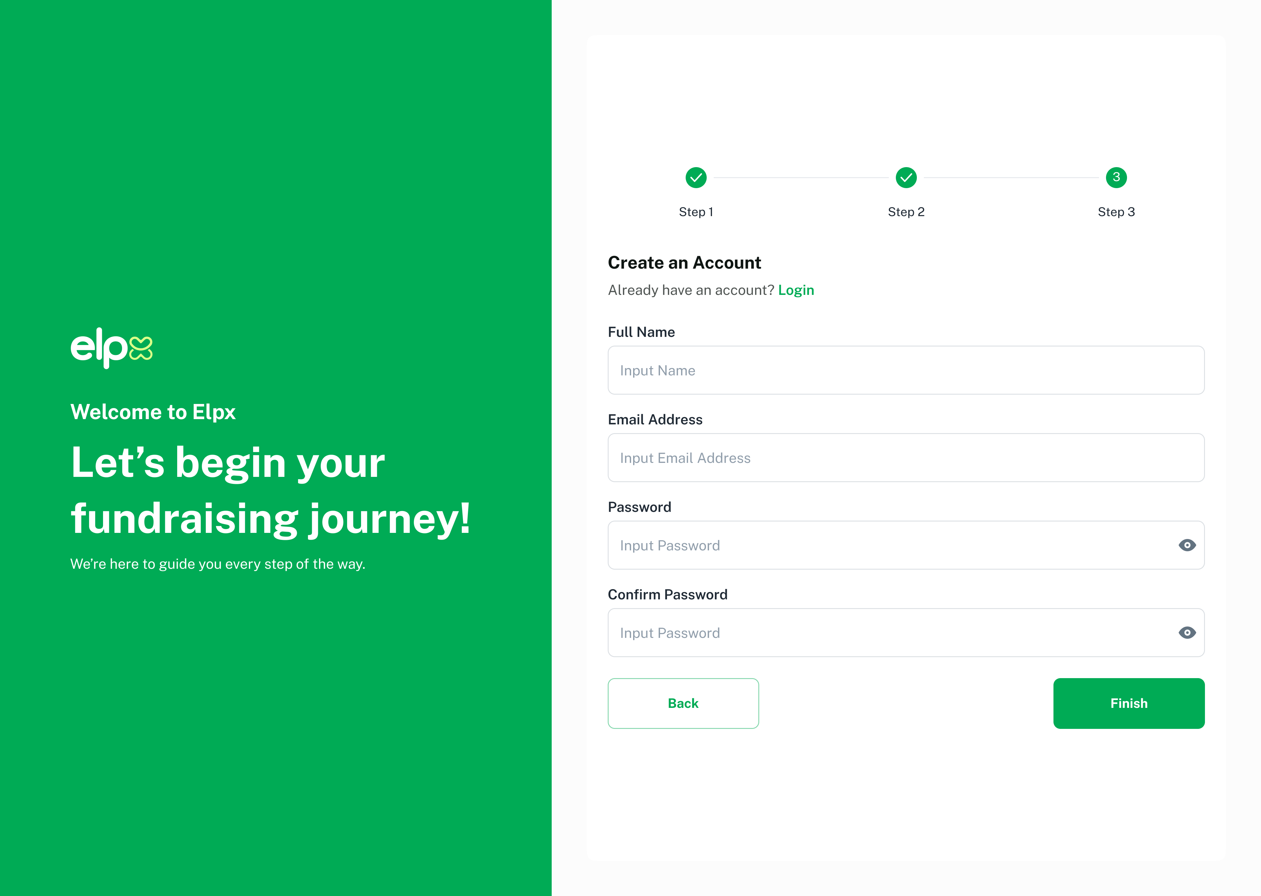 ELPX create account screen with full name, email and password fields