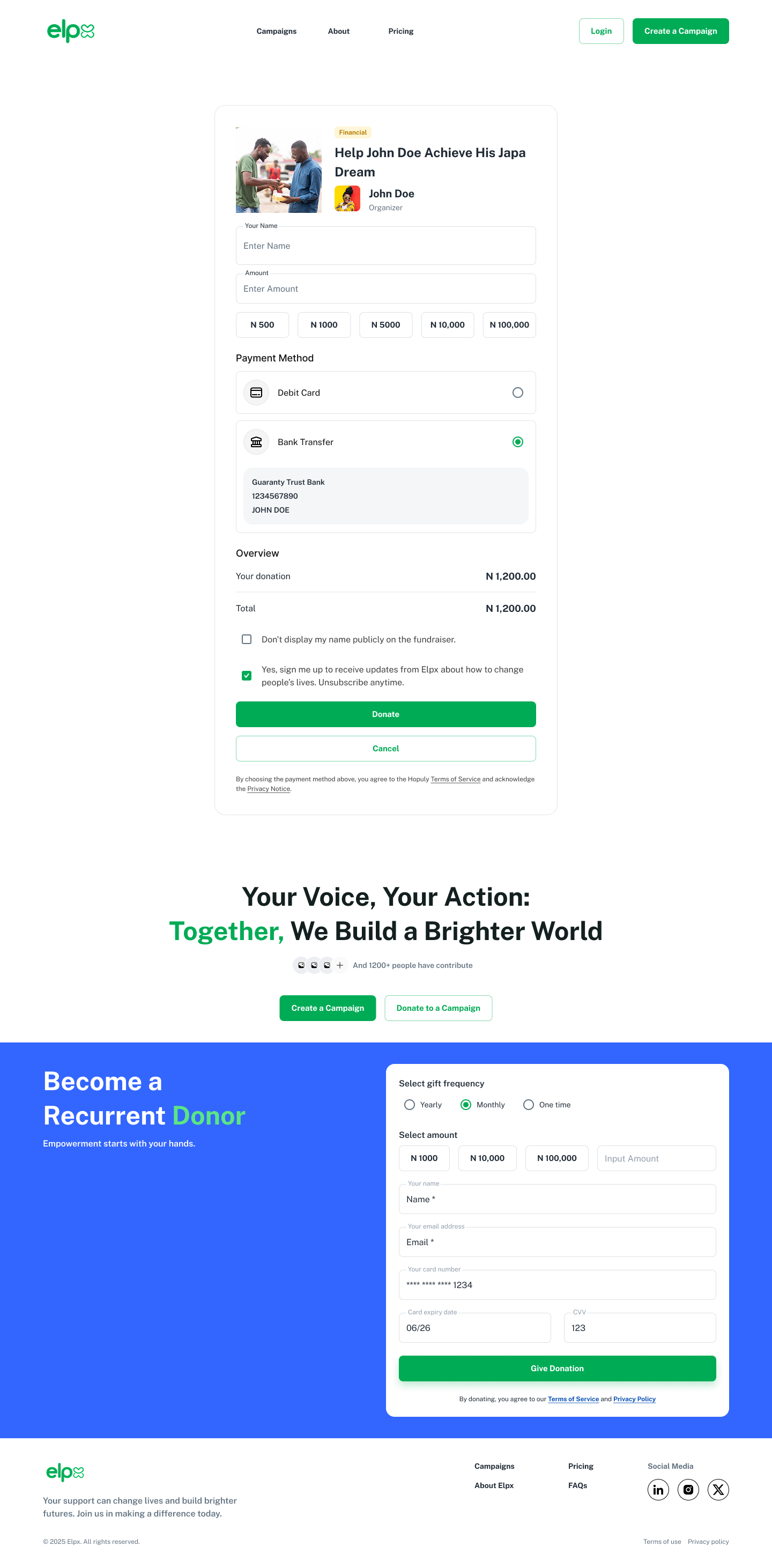ELPX donate to a campaign screen with gift frequency and amount selection