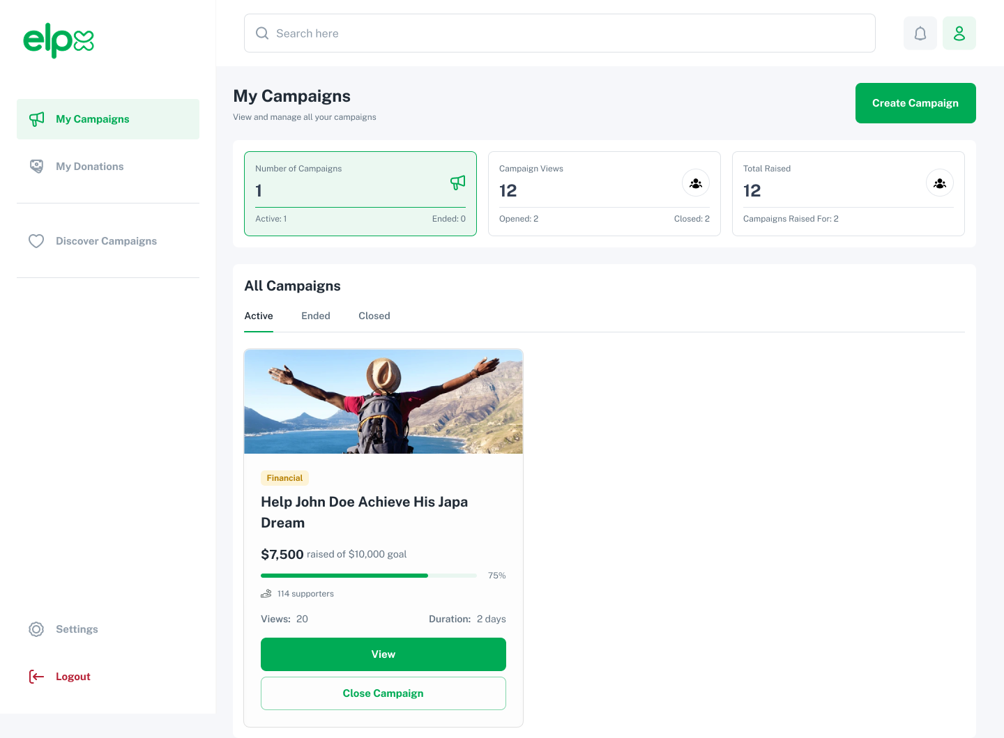 ELPX my campaigns dashboard
