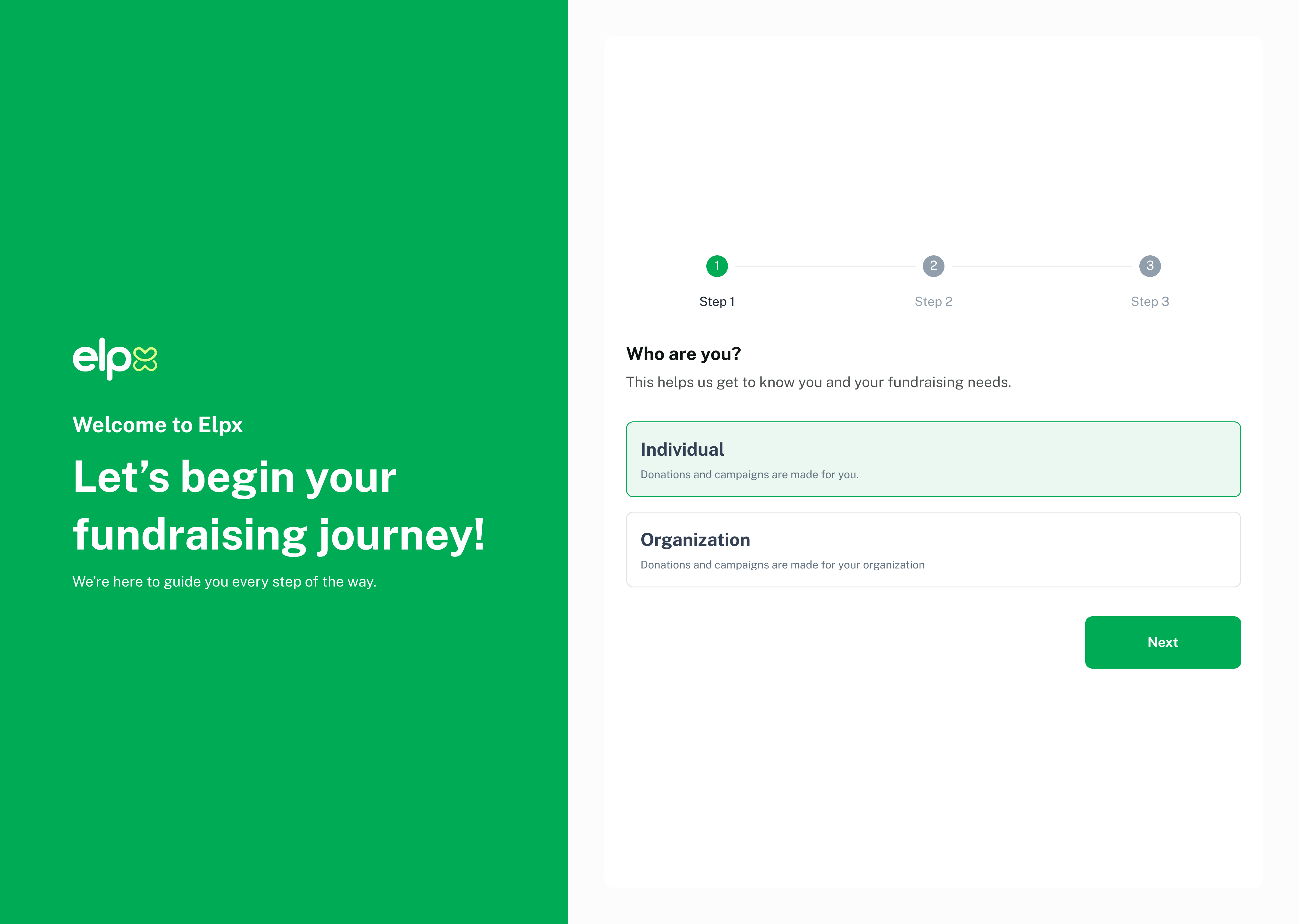 ELPX onboarding screen asking whether the user is an individual or organization
