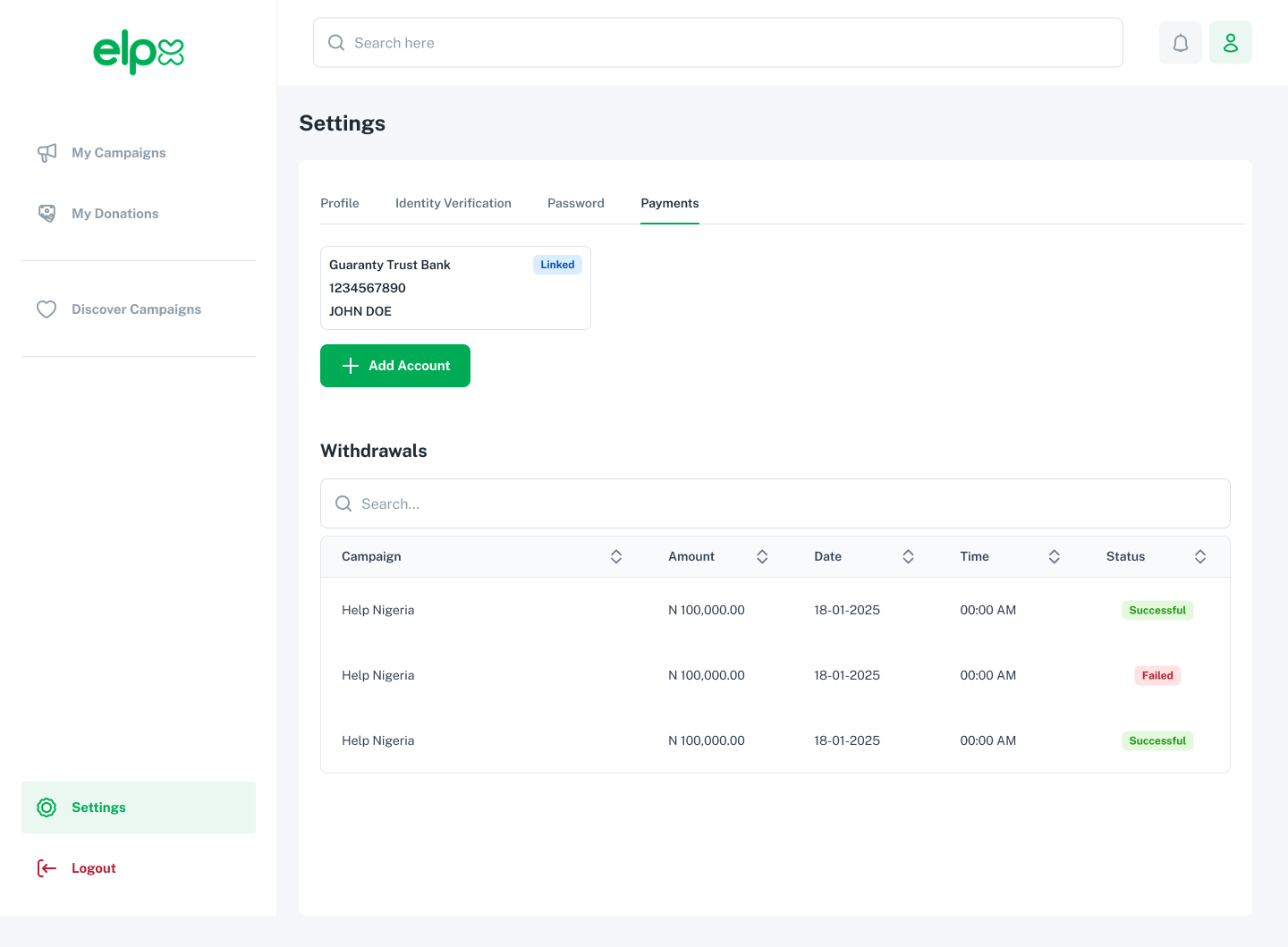 ELPX account settings payments tab