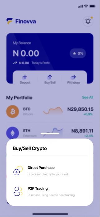 Finovva buy/sell entry screen with direct purchase and P2P trading options