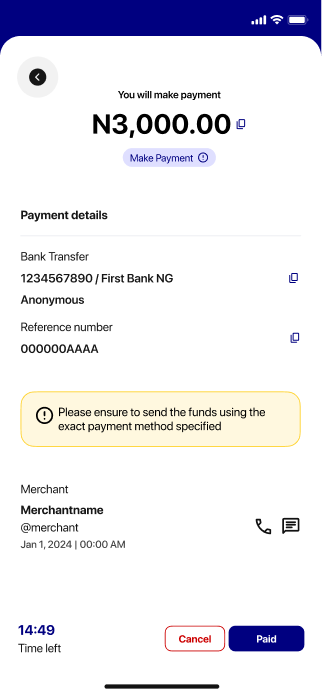 Finovva P2P buy screen showing a selected merchant's offer details