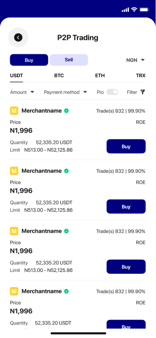 Finovva P2P buy screen listing merchant offers