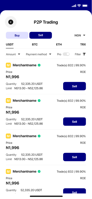 Finovva P2P sell screen