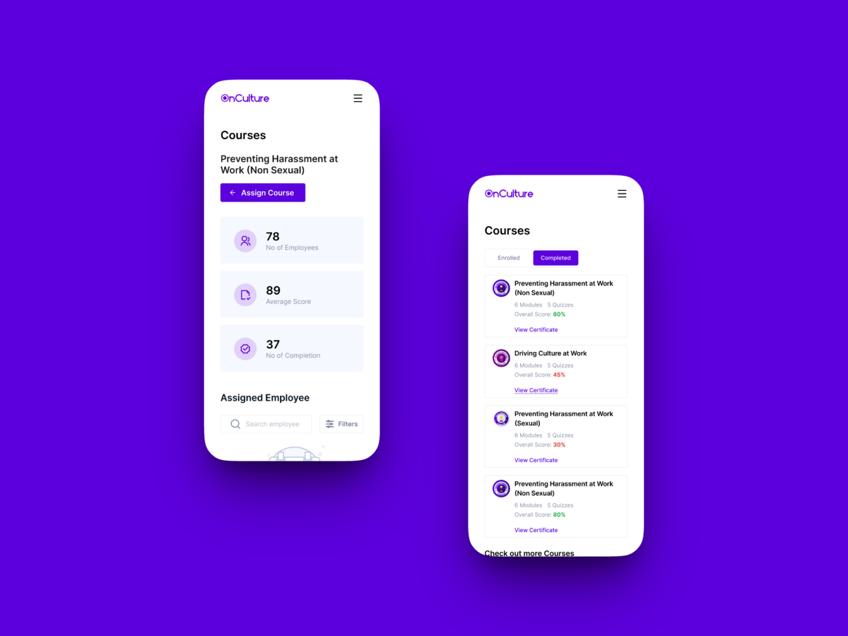 OnCulture admin assign course flow shown on mobile with a confirmation dialog