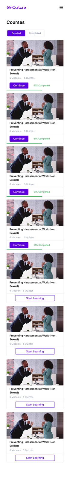 OnCulture admin employee list filtered to a single course, with per-employee status