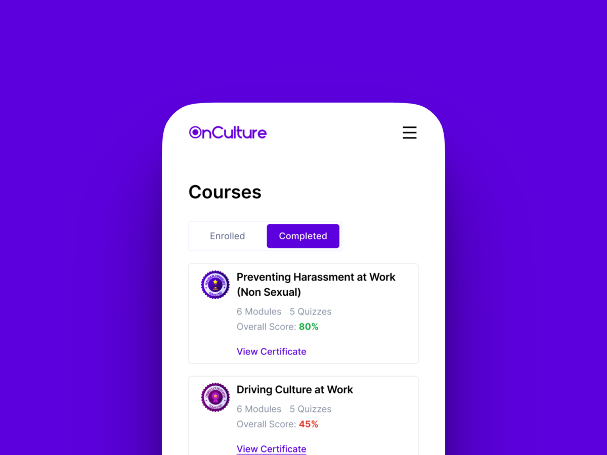 OnCulture employee completed courses tab with certificates