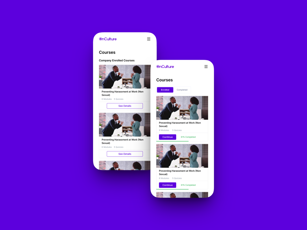 OnCulture employee enrolled courses shown across two mobile screens