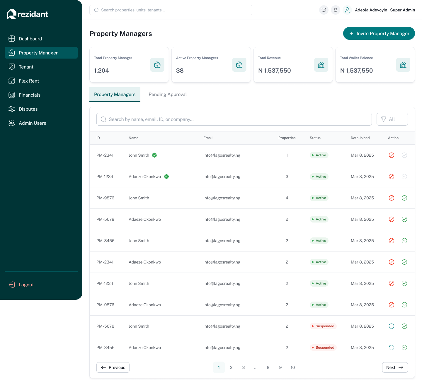 Rezidant super admin property managers list view