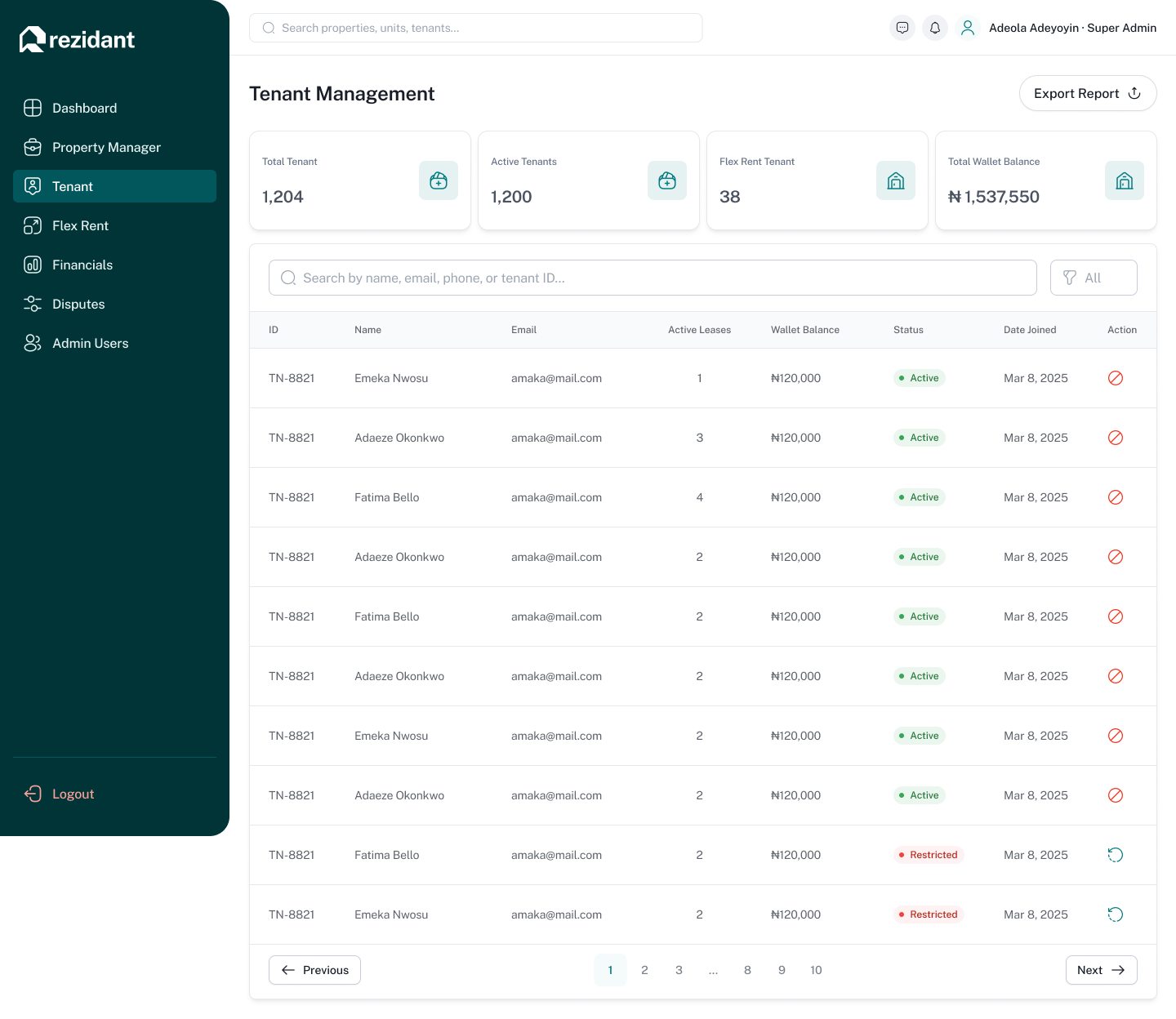 Rezidant admin tenant management table with wallet balances and lease status