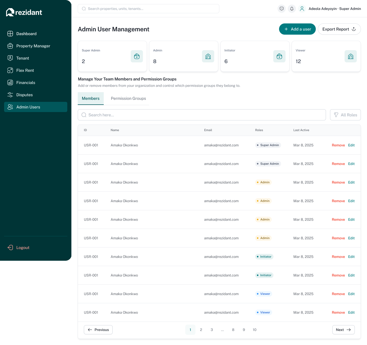 Rezidant super admin user management and permission groups screen