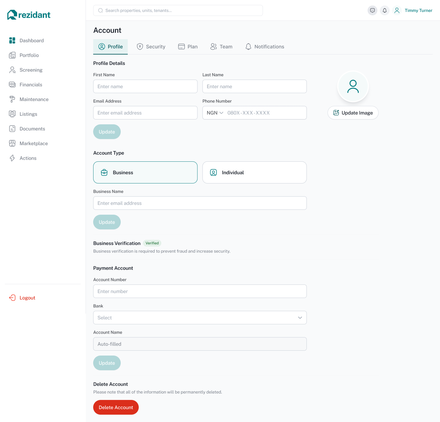 Rezidant property manager account settings screen