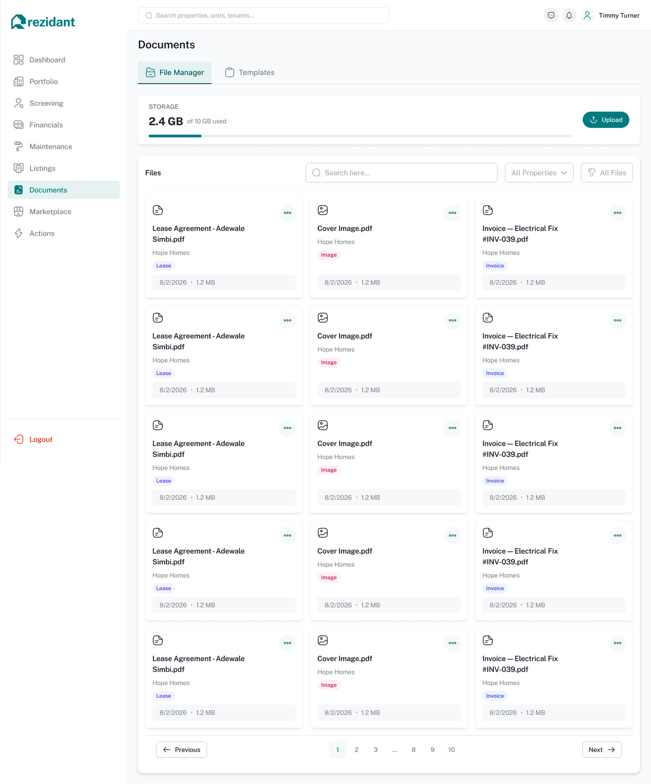 Rezidant property manager document manager with lease agreements and invoices
