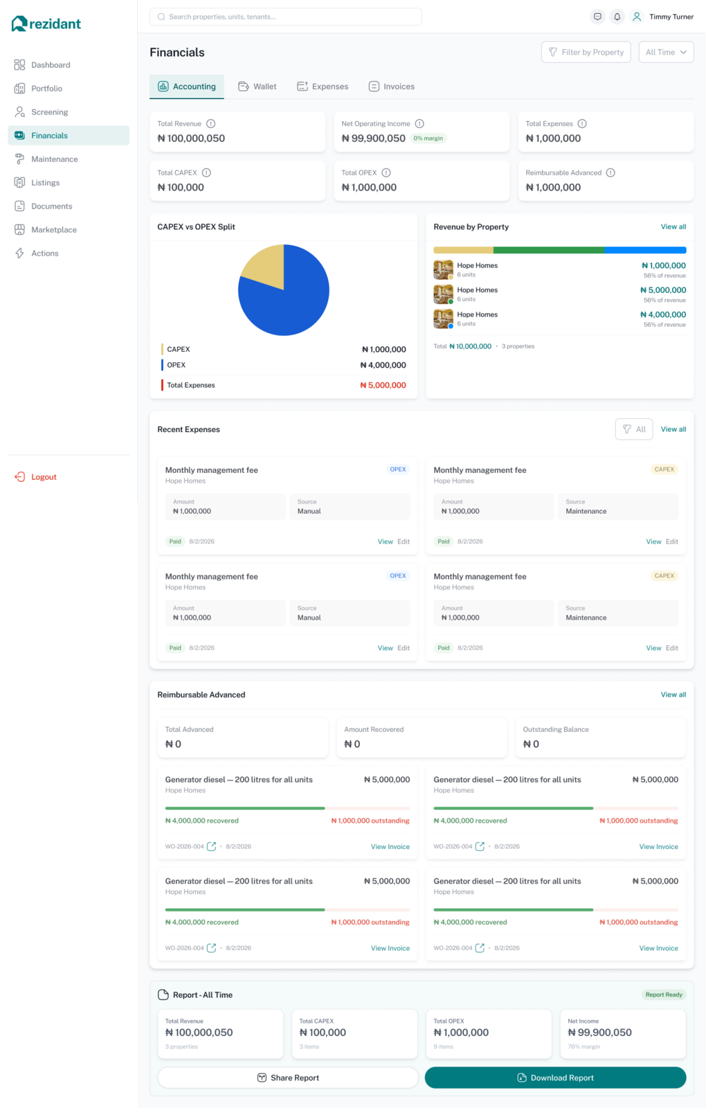 Rezidant property manager financials screen with accounting, wallet, expenses, and invoices tabs
