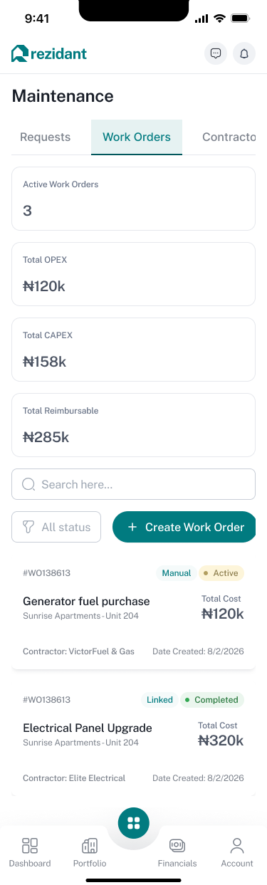 Rezidant property manager mobile maintenance screen with work orders and OPEX/CAPEX totals