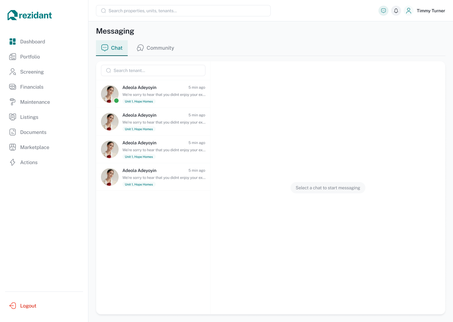 Rezidant property manager messaging screen with tenant chat list
