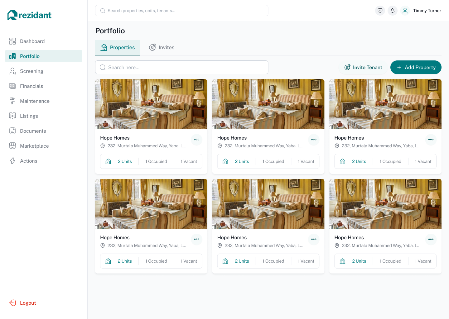Rezidant property manager portfolio grid showing managed properties as cards