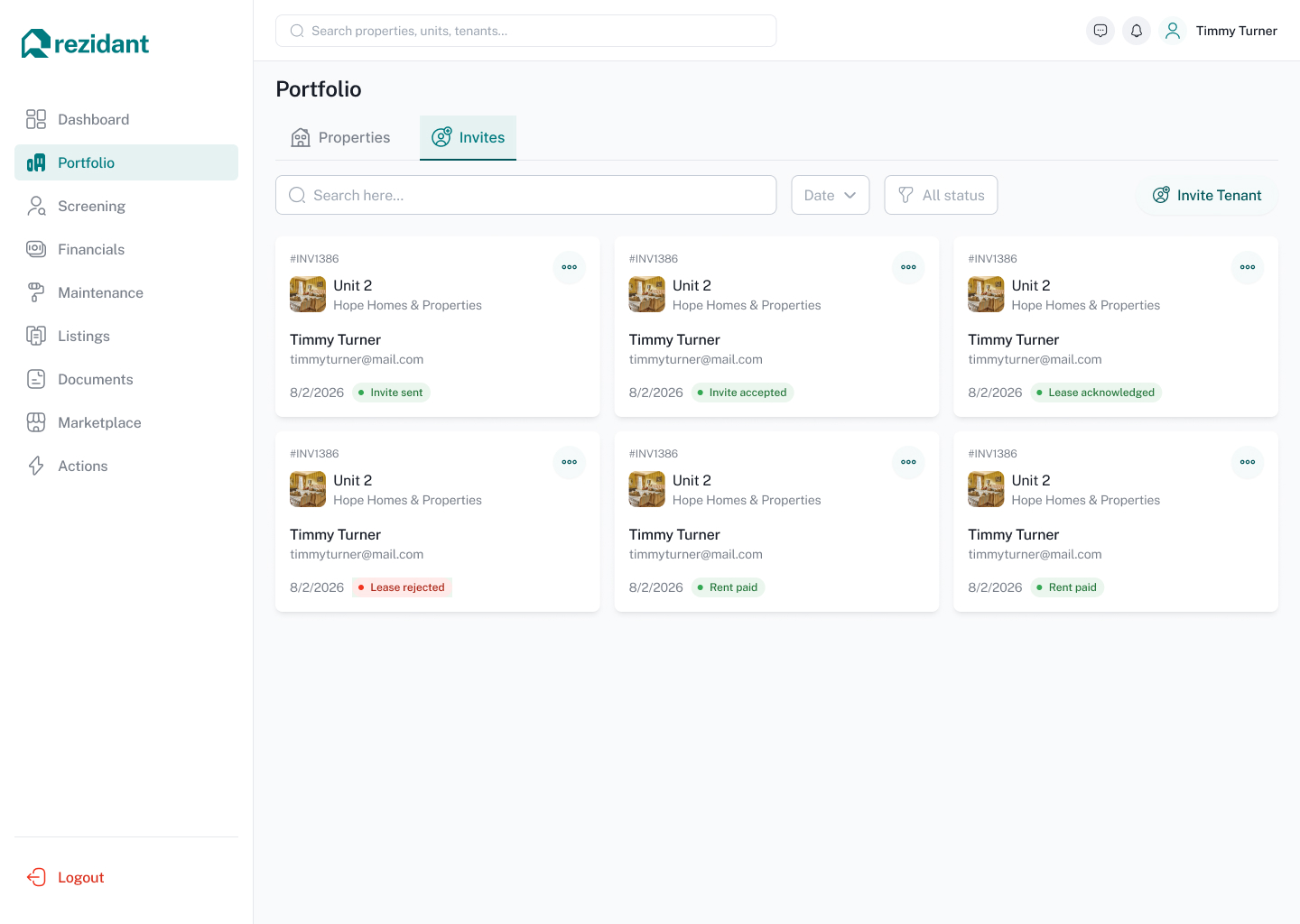 Rezidant property manager tenant invites list with lease and payment status